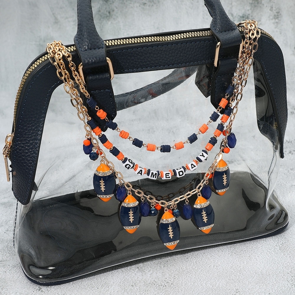 Navy Orange GAME DAY Football Dangle Charms Heishi Beaded Layered Purse Chain